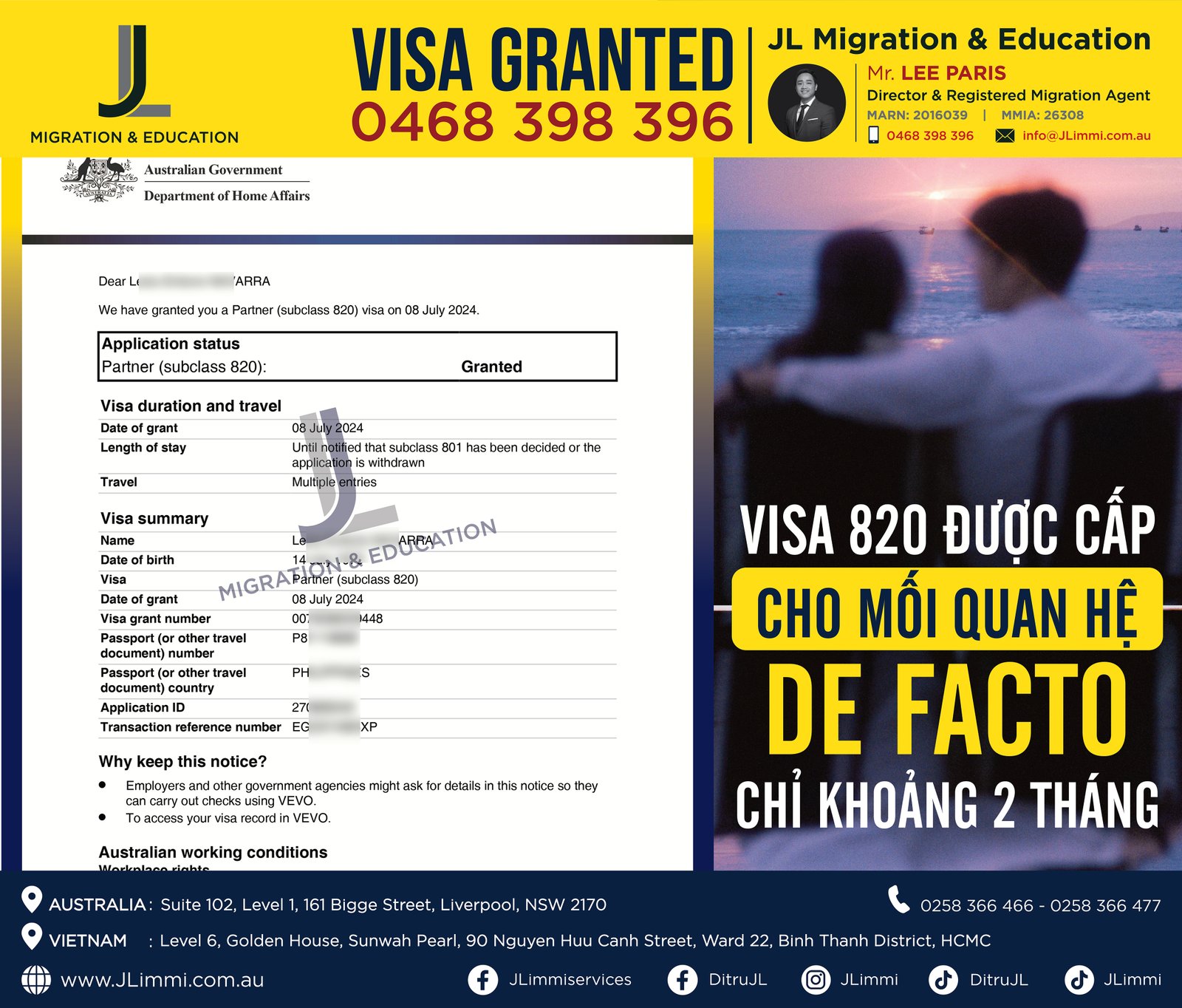 Visa 820 được cấp cho mối quan hệ de facto chỉ khoảng 2 tháng Visa 820 được cấp cho mối quan hệ de facto chỉ khoảng 2 tháng